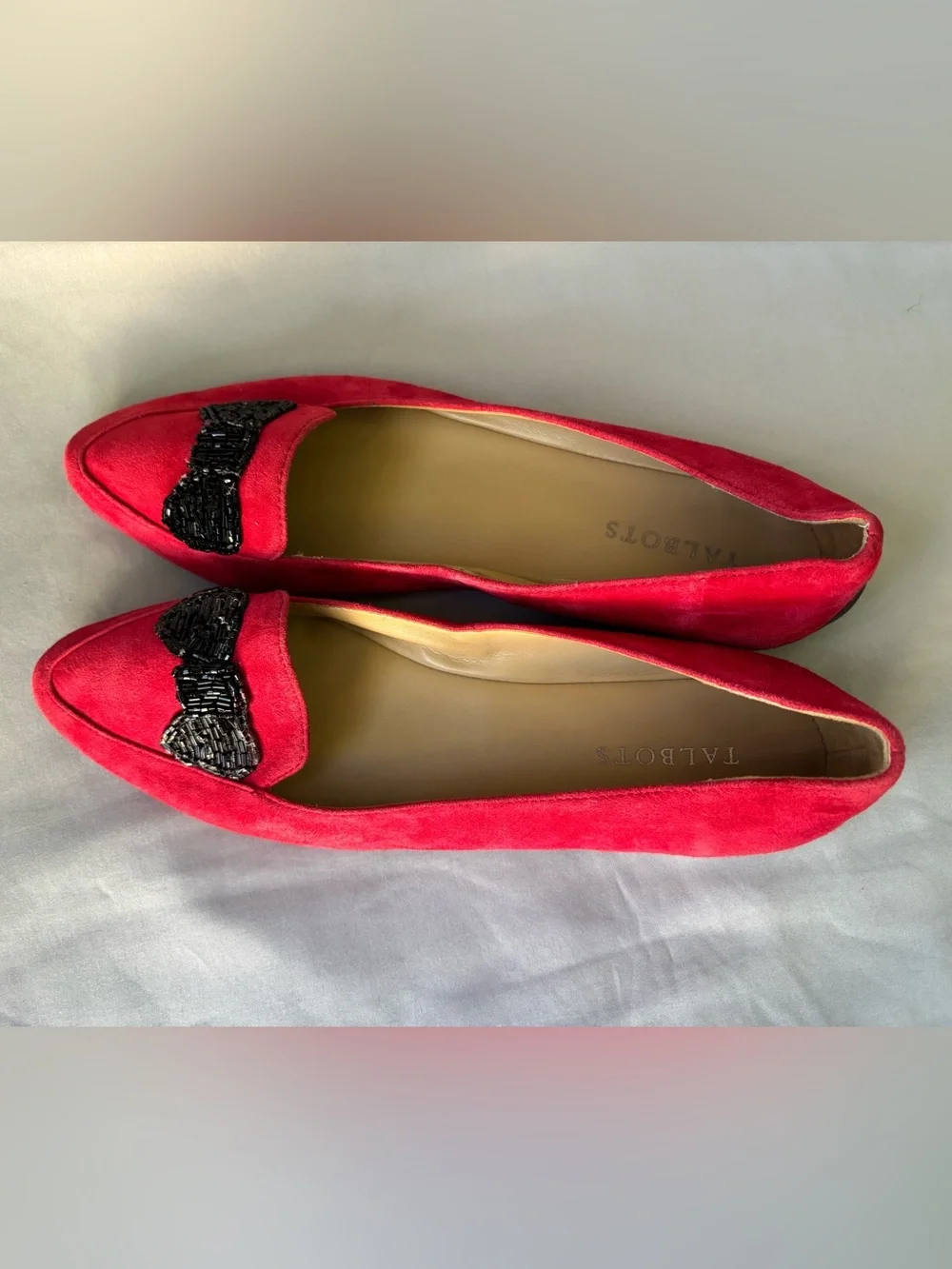 Talbots Bright Red Suede Pointed Loafers with Black Beaded Bow Size 10.5